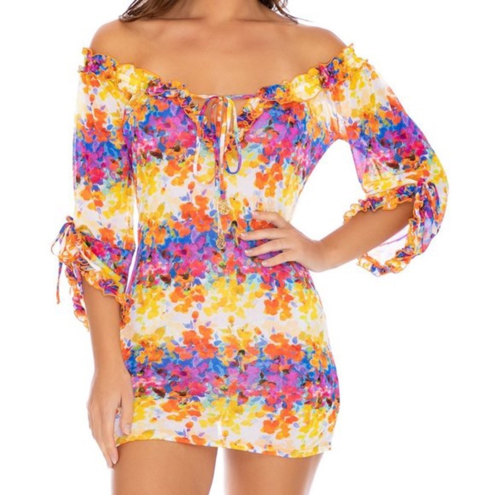 Luli Fama - Ruffle V Neck Tunic - Multi Colored